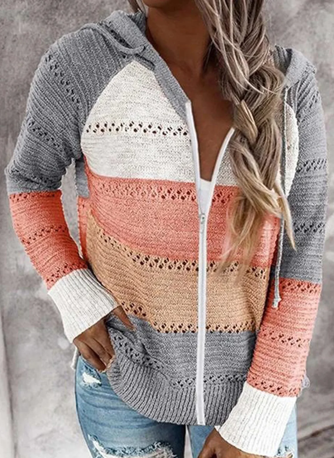 2025 Striped Zipper Hooded Jacket Color Blocked Hollow Knit Cardigan for Women
2025 Striped Zipper Hooded Jacket Color Blocked Hollow Knit Cardigan for Women