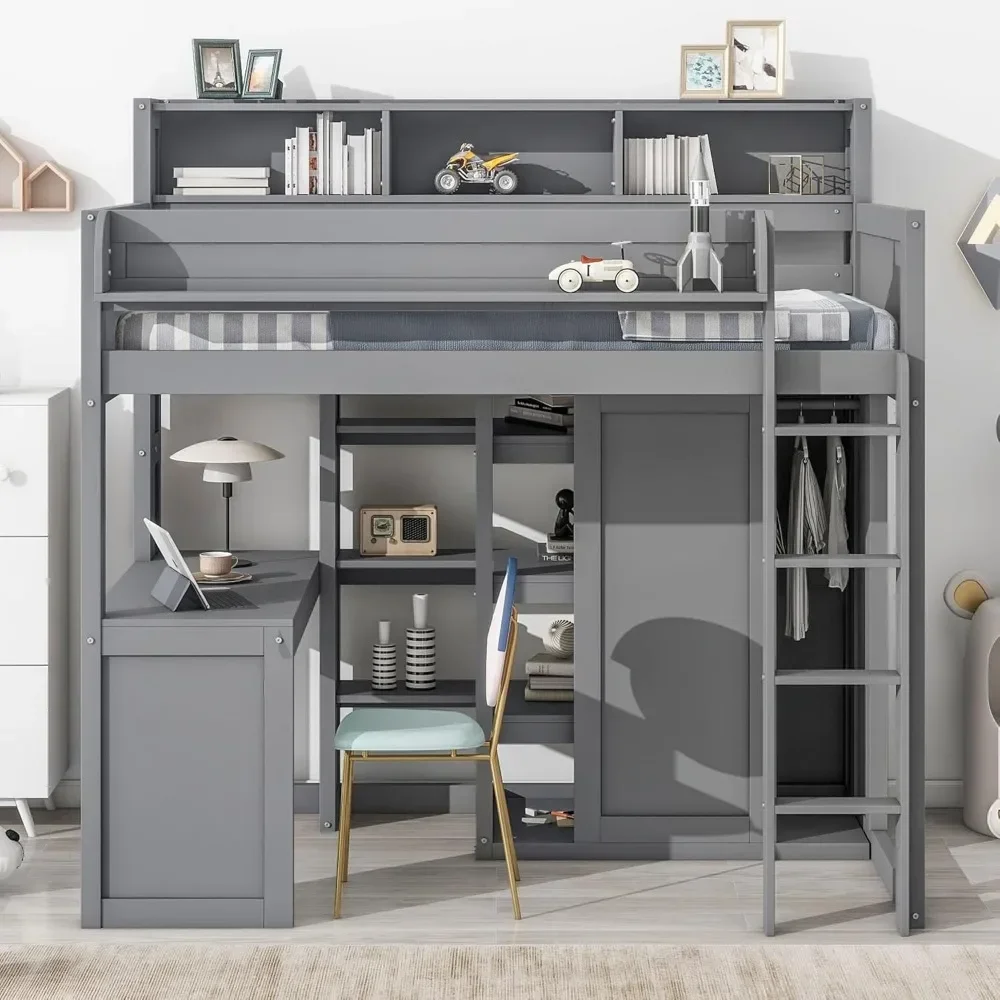 Bunk Beds Twin Loft Bed, Desk & Wardrobe, Solid Wood Loft Bed with Desk and Multiple Shelves, High Loft Bed Frame with Bookcase
Bunk Beds Twin Loft Bed, Desk & Wardrobe, Solid Wood Loft Bed with Desk and Multiple Shelves, High Loft Bed Frame with Bookcase