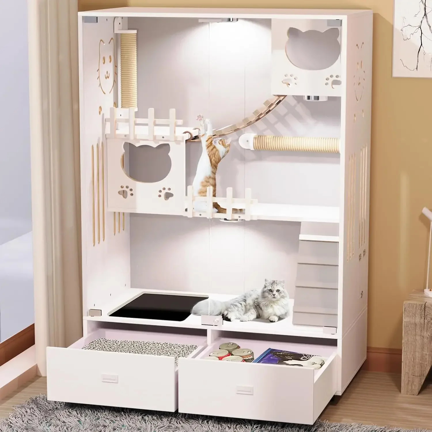 Large Wooden Cat Enclosure Indoor Villa Drawer Wheels Glass Doors 57x36x24 White, Customized
Large Wooden Cat Enclosure Indoor Villa Drawer Wheels Glass Doors 57x36x24 White, Customized