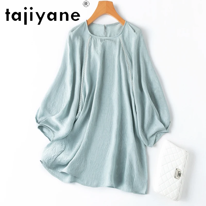 TAJIYANE 100% Mulberry Silk T Shirts Woman Elegant Water Blue T Shirt Lantern Sleeve Summer Tops 2025 Loose Ladies Clothes 티셔츠
TAJIYANE 100% Mulberry Silk T Shirts Woman Elegant Water Blue T Shirt Lantern Sleeve Summer Tops 2025 Loose Ladies Clothes 티셔츠