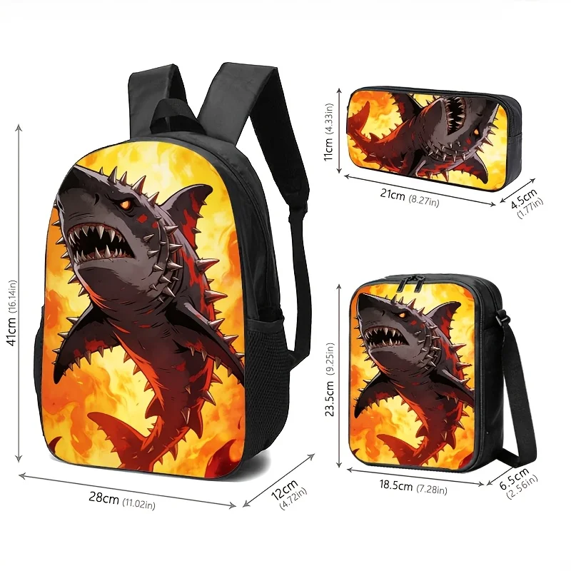 A Backpack Set Themed Around Fierce Sharks, Including a Backpack, a Shoulder Bag, And a Pencil Case. The Design Features a Strik
A Backpack Set Themed Around Fierce Sharks, Including a Backpack, a Shoulder Bag, And a Pencil Case. The Design Features a Strik
