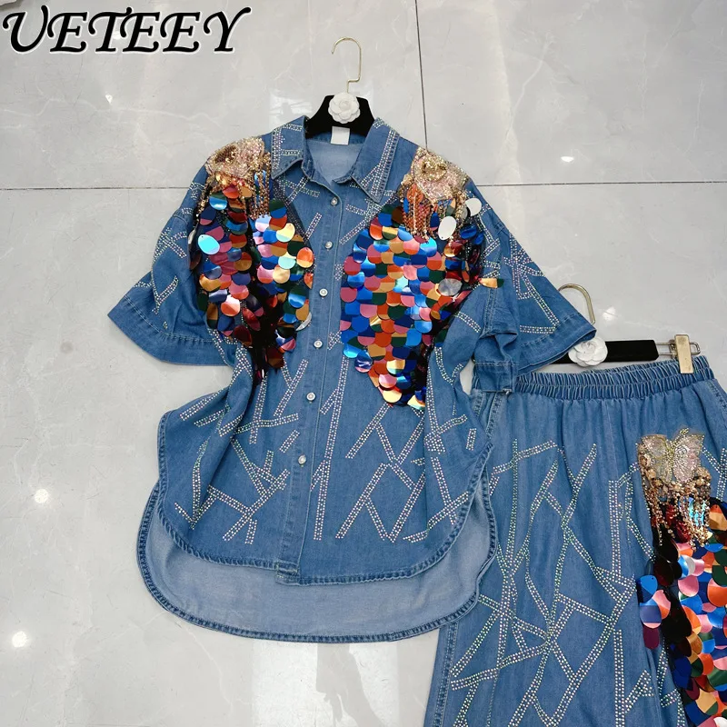 2025 Summer New Heavy Sequined Butterfly Tassel Pants 2-piece Women Outfits Niche European Station High Fashion Denim Shirt Top
2025 Summer New Heavy Sequined Butterfly Tassel Pants 2-piece Women Outfits Niche European Station High Fashion Denim Shirt Top
