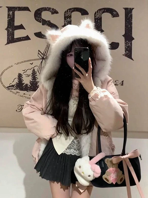 Sweet Girl Winter Jacket Pink Fluffy Ear Hooded Cotton Coat Loose Fit Versatile Women's Student Mountain Eagle Outerwear
Sweet Girl Winter Jacket Pink Fluffy Ear Hooded Cotton Coat Loose Fit Versatile Women's Student Mountain Eagle Outerwear