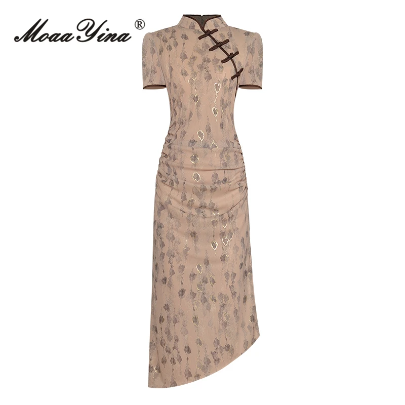 MoaaYina Fashion Designer Summer Elegant Dress Women's Stand Collar Short Sleeve Button Ruched Print Buttock Covering Midi Dress
MoaaYina Fashion Designer Summer Elegant Dress Women's Stand Collar Short Sleeve Button Ruched Print Buttock Covering Midi Dress
