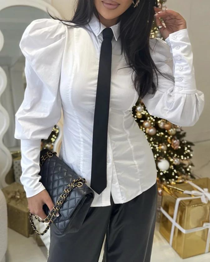Flip collar long sleeved Gigot sleeve shirt for women's fashion casual button up front slim fit top for spring/summer 2025
Flip collar long sleeved Gigot sleeve shirt for women's fashion casual button up front slim fit top for spring/summer 2025