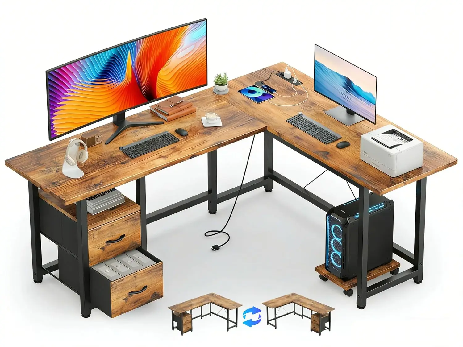 L Shaped Desk with Drawers & Power Outlets, Corner Computer Table, Home Office Gaming Desk with CPU Stand, Brown, Customized
L Shaped Desk with Drawers & Power Outlets, Corner Computer Table, Home Office Gaming Desk with CPU Stand, Brown, Customized