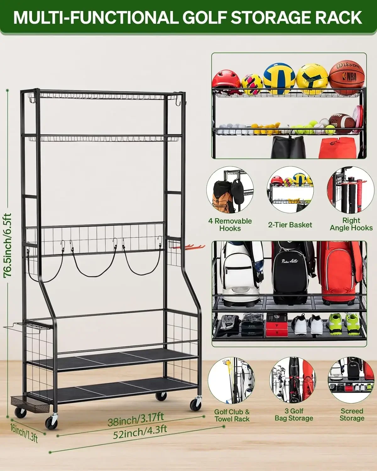 Golf Bag Storage Garage Organizer, 3 Golf Bag Stand and Sports Equipment Storage Rack for Garage with Wheels, 4 Hooks
Golf Bag Storage Garage Organizer, 3 Golf Bag Stand and Sports Equipment Storage Rack for Garage with Wheels, 4 Hooks
