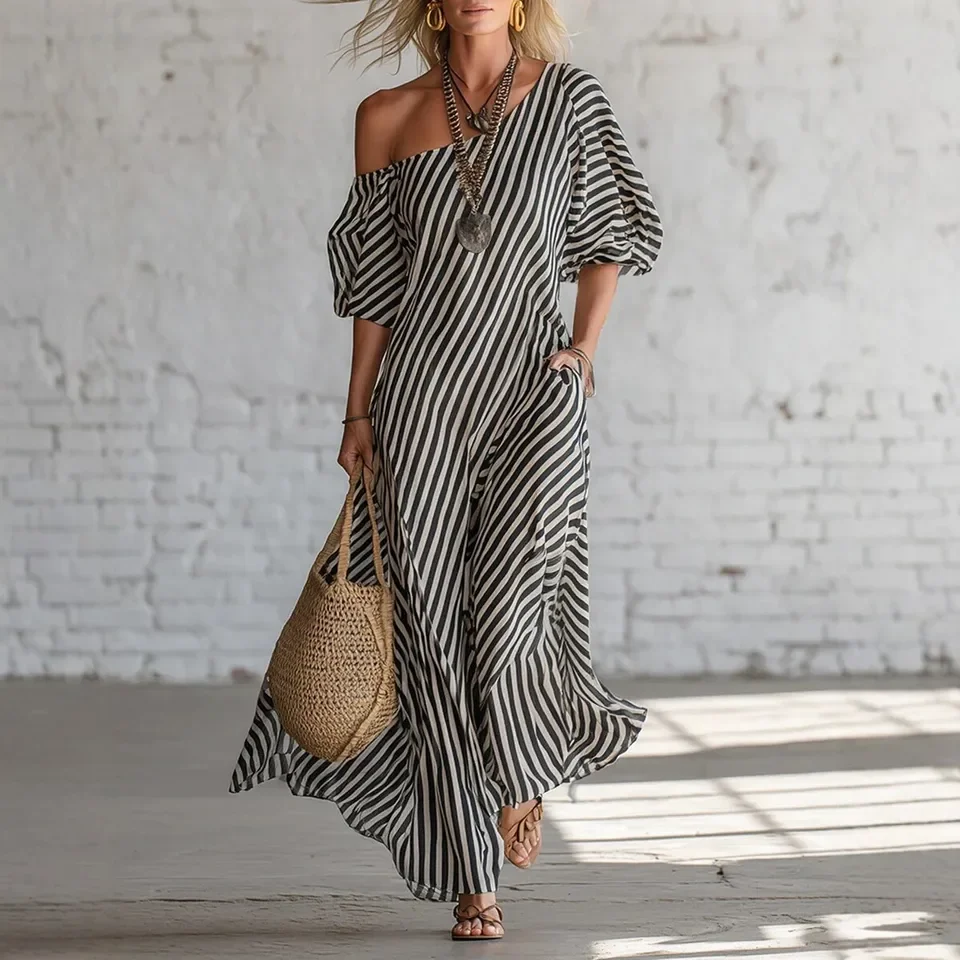 2026 Spring New V Neck Off Shoulder Stripes Ruffle Trim Waist Cinched Long Dress Women Temperament Elegant A Line Dress
2026 Spring New V Neck Off Shoulder Stripes Ruffle Trim Waist Cinched Long Dress Women Temperament Elegant A Line Dress