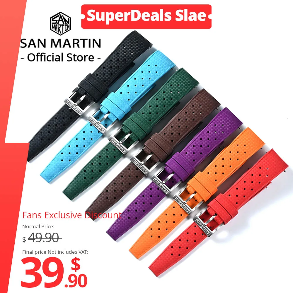 Ремешок для часов San Martin FKM, 19 мм, 20 мм, 21 мм, изогнутый конец, фторкаучук премиум-класса Tropi, летний водонепроницаемый для дайвинга SN0144
Ремешок для часов San Martin FKM, 19 мм, 20 мм, 21 мм, изогнутый конец, фторкаучук премиум-класса Tropi, летний водонепроницаемый для дайвинга SN0144