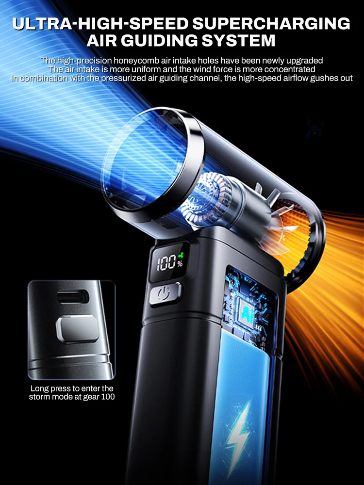 450000RPM Violent Fan 100 Gears Speeds Adjustable With Lighting USB Rechargeable Blower Mini Turbo Jet Blower 55m/s Turbo Fan
450000RPM Violent Fan 100 Gears Speeds Adjustable With Lighting USB Rechargeable Blower Mini Turbo Jet Blower 55m/s Turbo Fan