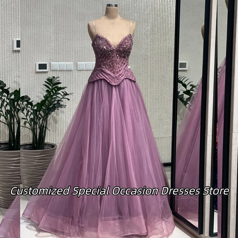 Elegant Lilac Tulle Evening Dresses Spaghetti Straps A-Line Prom Dress Customized Luxury Beaded Wedding Party Gowns For Females
Elegant Lilac Tulle Evening Dresses Spaghetti Straps A-Line Prom Dress Customized Luxury Beaded Wedding Party Gowns For Females