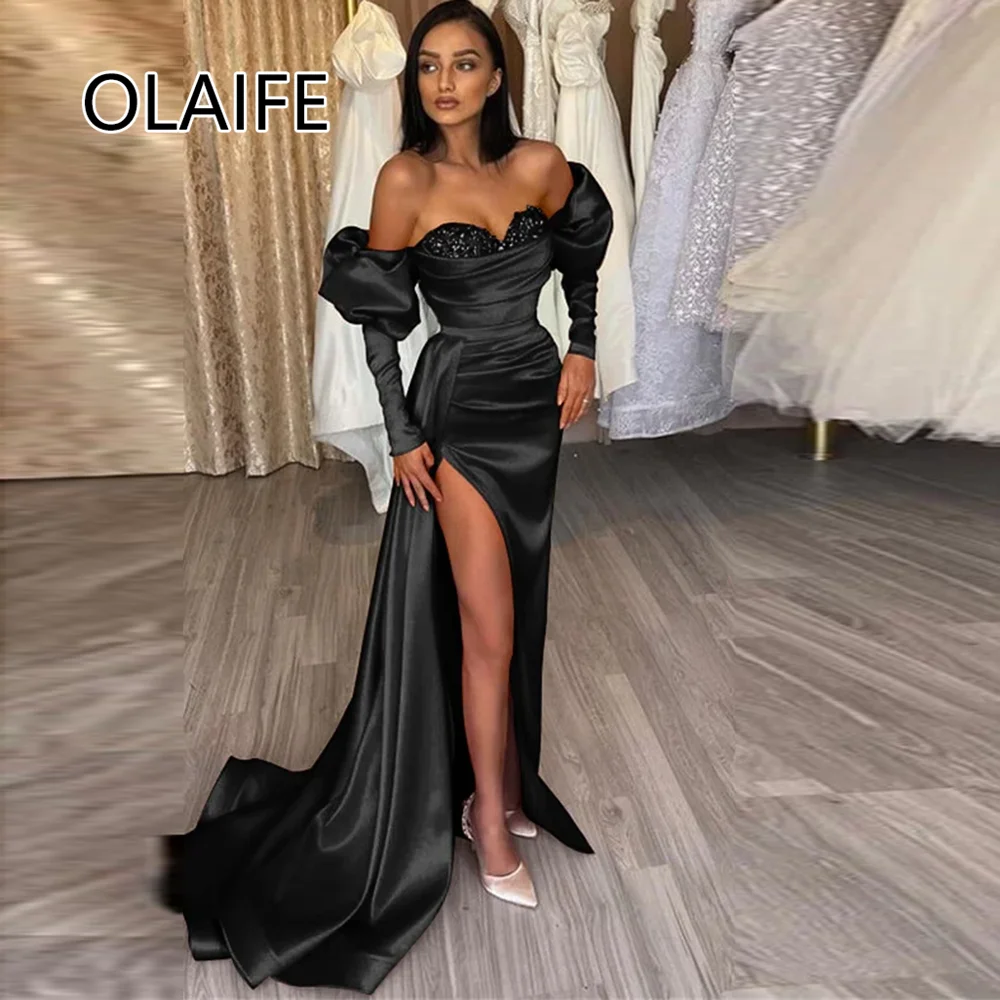 Fashion Sweetheart Collar Satin Evening Dress with Sequins Sheath Backelss Detachable Sleeve Side Slit Prom Gown Customized
Fashion Sweetheart Collar Satin Evening Dress with Sequins Sheath Backelss Detachable Sleeve Side Slit Prom Gown Customized