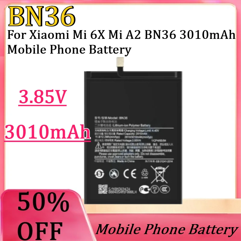 New BN36 3.85V 3010mAh High Quality Battery for Xiaomi Mi 6X Mi A2 BN36 3010mAh Mobile Phone Battery
New BN36 3.85V 3010mAh High Quality Battery for Xiaomi Mi 6X Mi A2 BN36 3010mAh Mobile Phone Battery