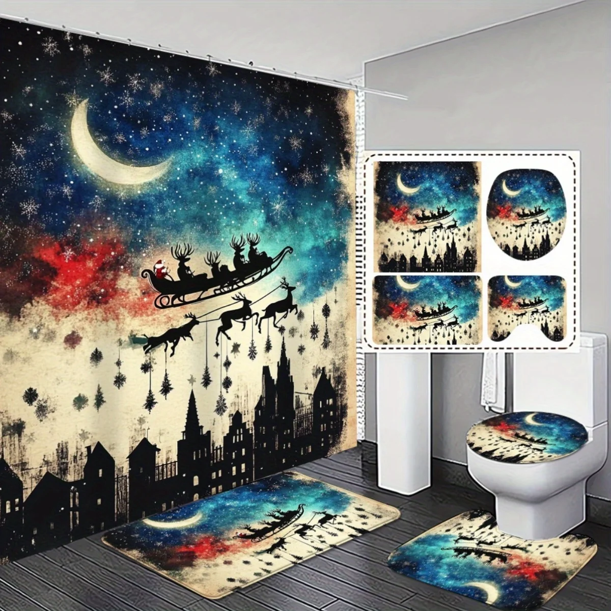 4pcs set, Christmas Gift Bathroom Decor Shower Curtain Set with Non-Slip Mats Soft Comfortable Bath Rugs for Home Use
4pcs set, Christmas Gift Bathroom Decor Shower Curtain Set with Non-Slip Mats Soft Comfortable Bath Rugs for Home Use