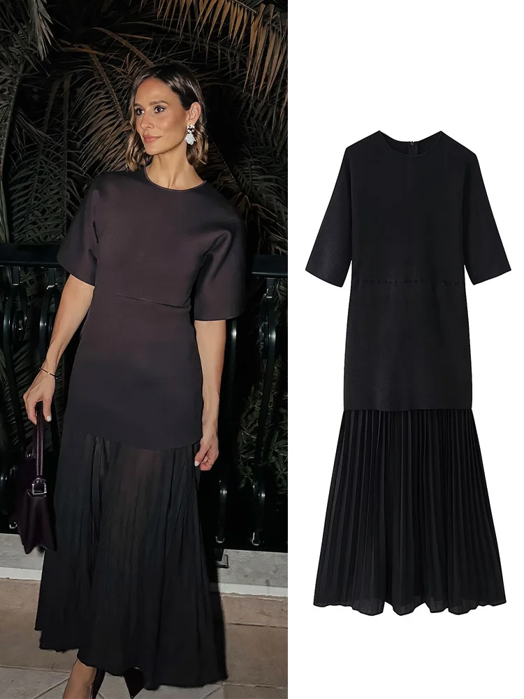 TRAFZA Women New Fashion O-Collar Half Sleeves Pleated Decorate Knitted Dress Spring Woman Splicing Rear Zipper Long Dress
TRAFZA Women New Fashion O-Collar Half Sleeves Pleated Decorate Knitted Dress Spring Woman Splicing Rear Zipper Long Dress