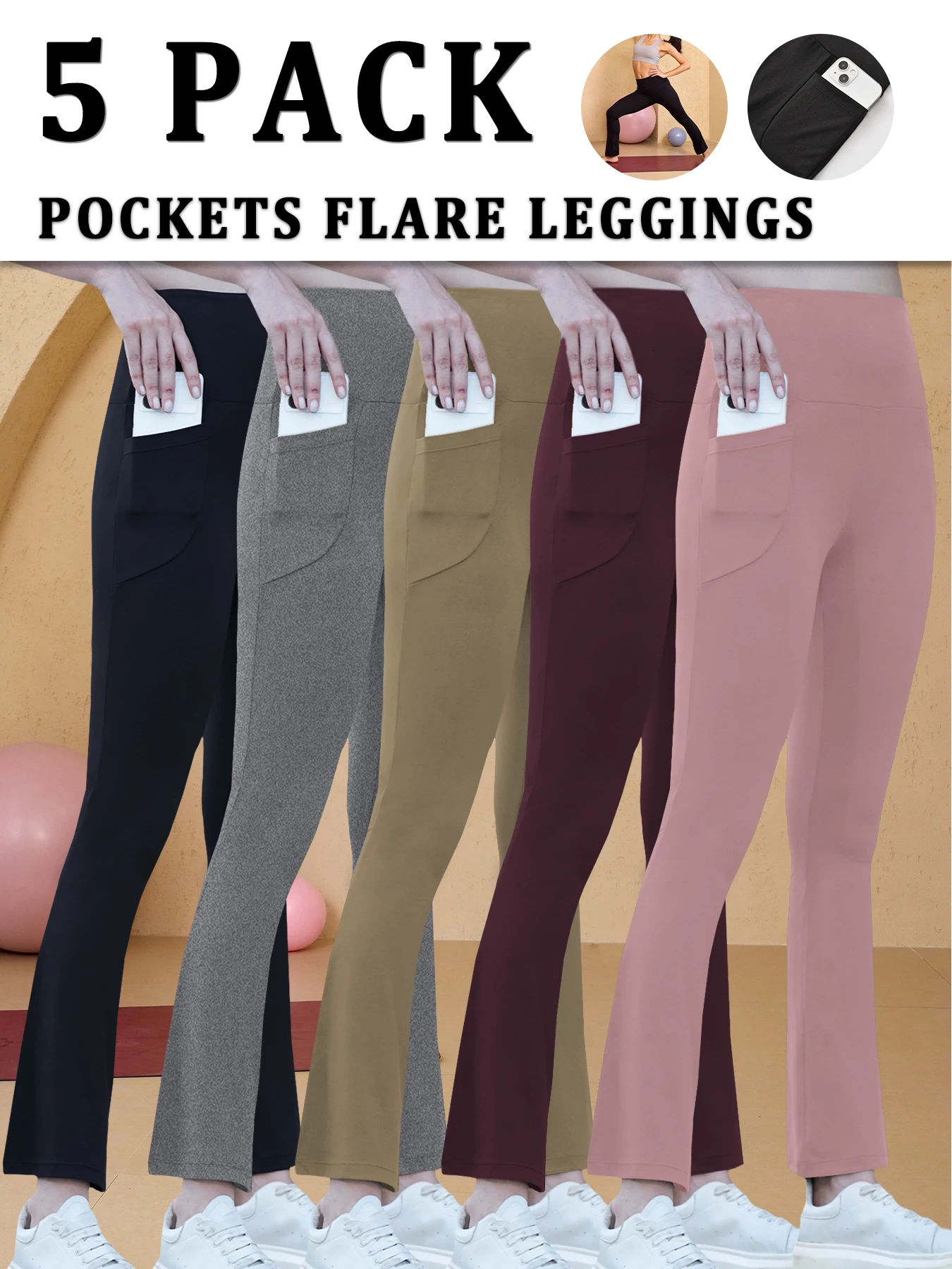 5 Pack Women's Super Soft Flare with Pockets High Waisted Tummy Control Workout Yoga Push Up Gym Fitness Leggings Bell Bottoms
5 Pack Women's Super Soft Flare with Pockets High Waisted Tummy Control Workout Yoga Push Up Gym Fitness Leggings Bell Bottoms