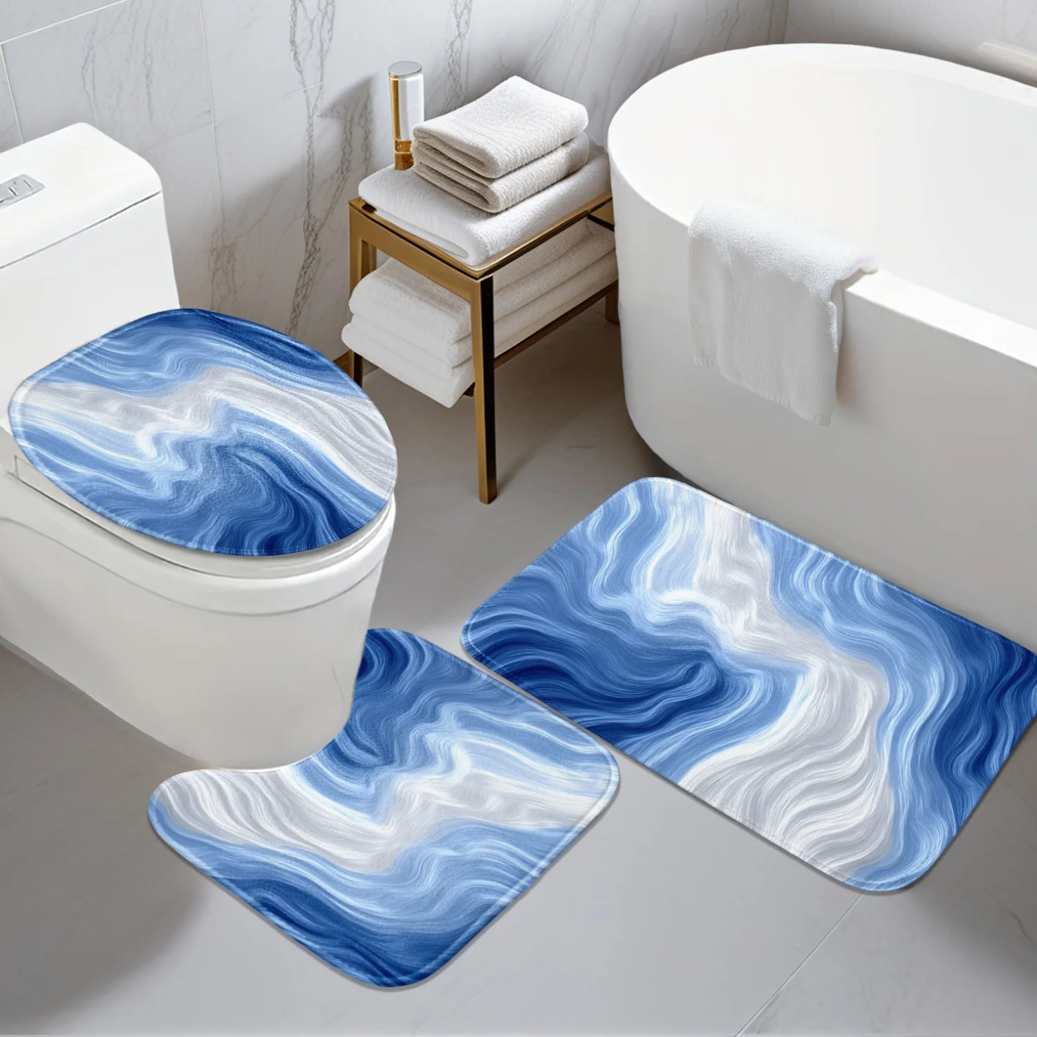 Противоскользящий коврик для ванной комнаты - набор из 3 предметов - сине-белый градиентный волнистый узор 2D плоский дизайн - цифровая печать - включая
Противоскользящий коврик для ванной комнаты - набор из 3 предметов - сине-белый градиентный волнистый узор 2D плоский дизайн - цифровая печать - включая