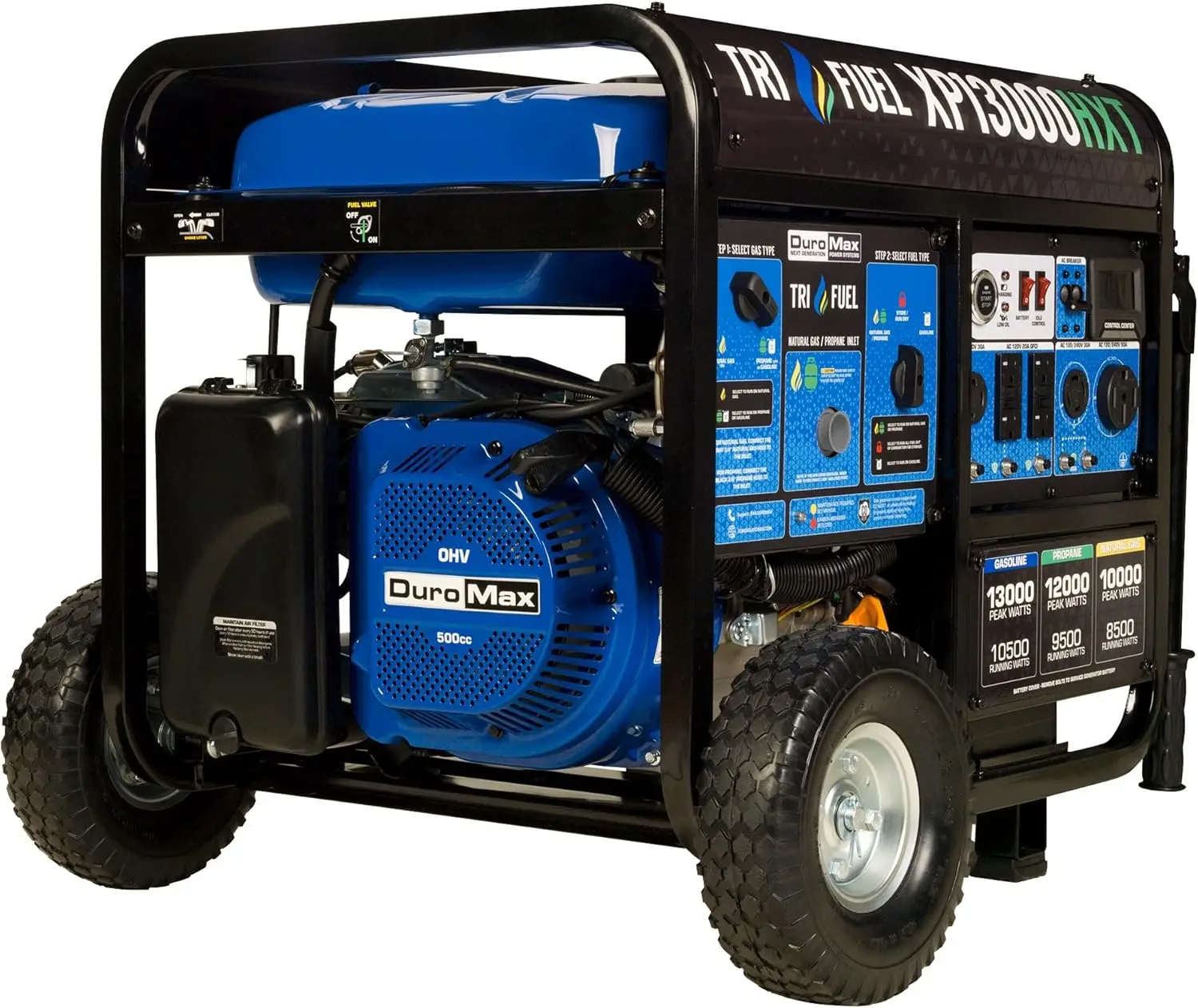 XP13000HXT 13,000-Watt 500cc Tri Fuel Gas Propane Natural Gas Portable Generator with CO Alert, Black/Blue
XP13000HXT 13,000-Watt 500cc Tri Fuel Gas Propane Natural Gas Portable Generator with CO Alert, Black/Blue