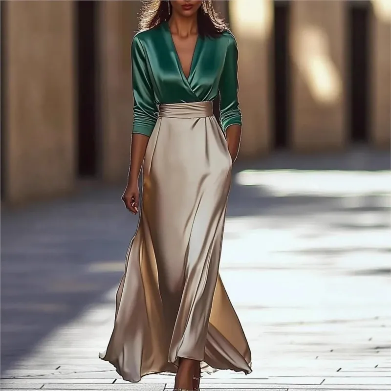 Women's Satin Wrap Top Beige Skirt Maxi Dress V Neck Long Sleeve High Waist Evening Party Gown with Pockets
Women's Satin Wrap Top Beige Skirt Maxi Dress V Neck Long Sleeve High Waist Evening Party Gown with Pockets