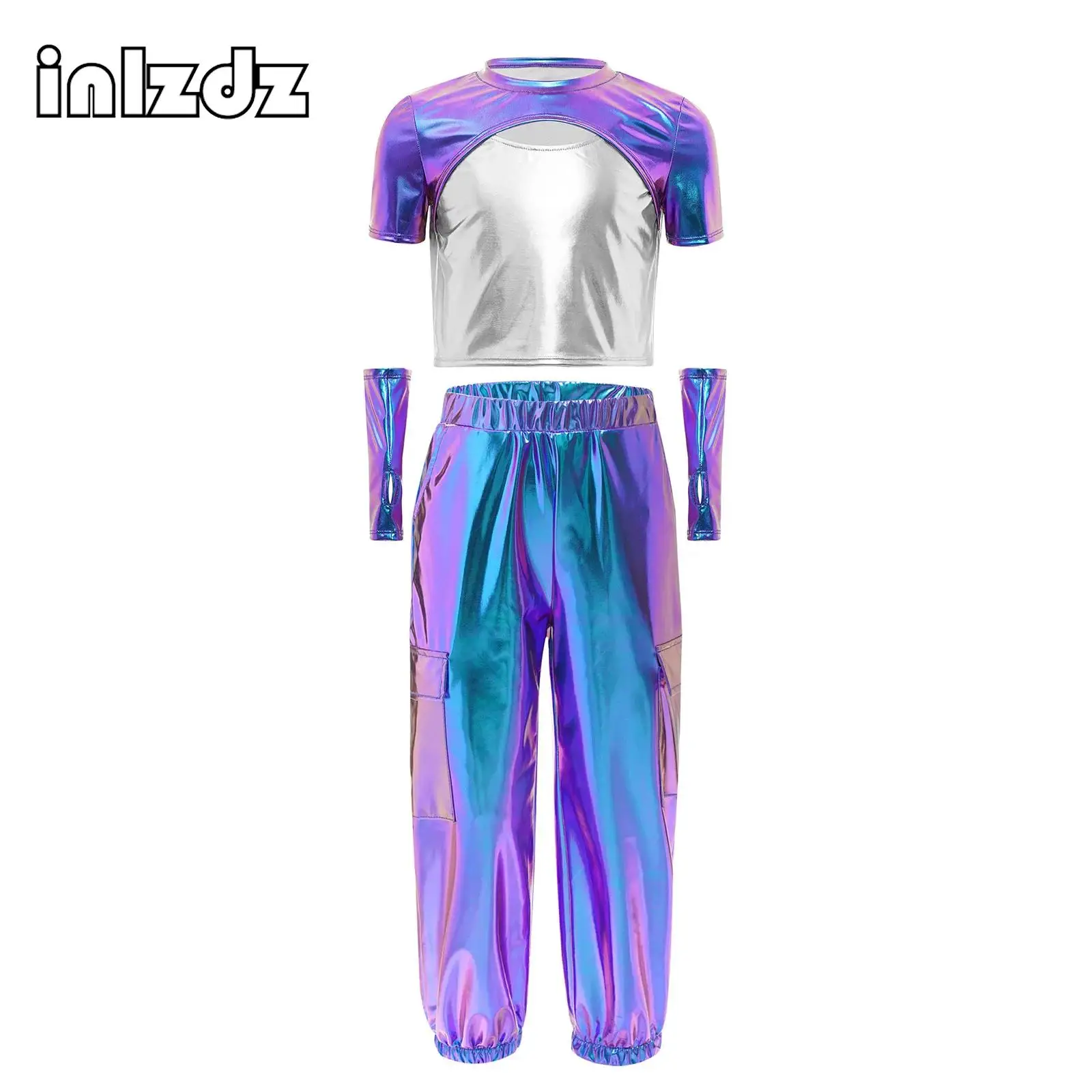 Kids Hip-Hop Jazz Dance Outfit for Girls Streetwear Performance Set Short Sleeve Metallic Top+Gloves+Cargo Pants Dancewear Set
Kids Hip-Hop Jazz Dance Outfit for Girls Streetwear Performance Set Short Sleeve Metallic Top+Gloves+Cargo Pants Dancewear Set
