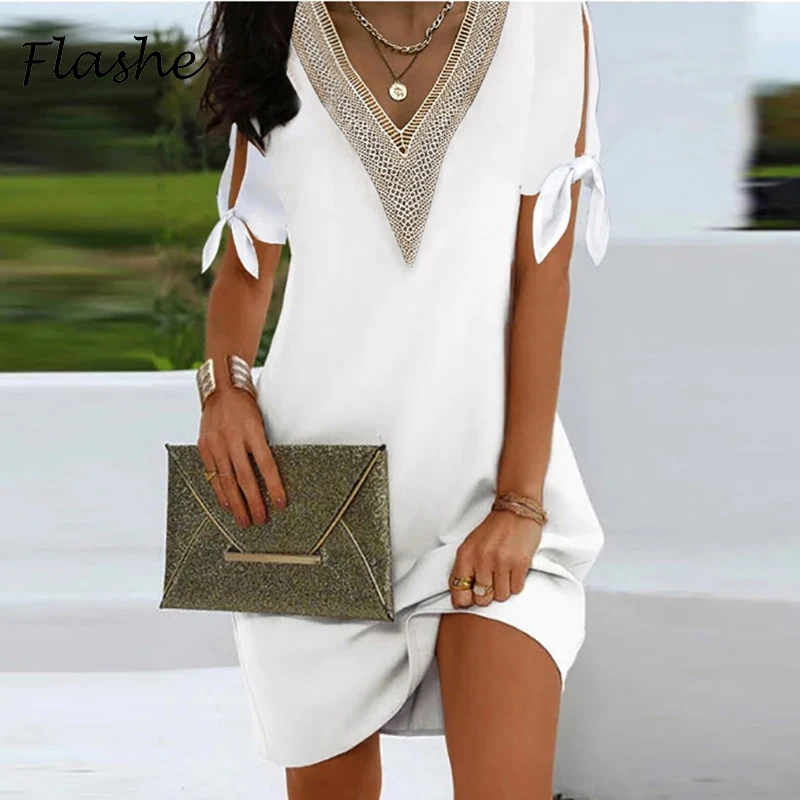 Elegant Dresses For Women V Neck Off Shoulder Patchwork Design Casual Mini Dress White Loose Beach Holiday Dress 2023
Elegant Dresses For Women V Neck Off Shoulder Patchwork Design Casual Mini Dress White Loose Beach Holiday Dress 2023