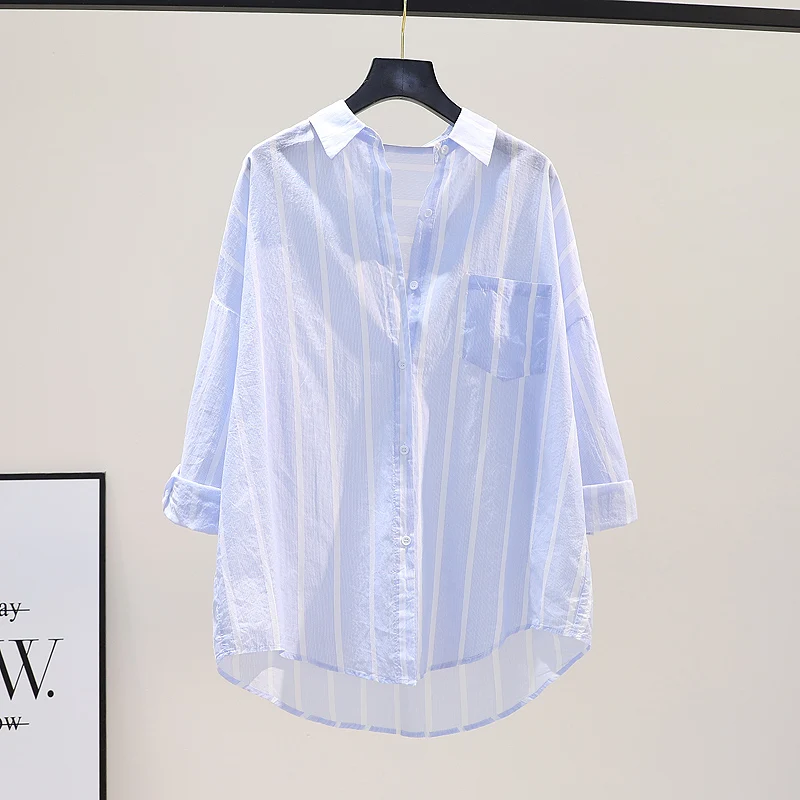Summer Casual Loose Women's Striped Sun Protection Shirt Thin Outerwear Korean Style Collar Long Sleeve Mid-Length Coat
Summer Casual Loose Women's Striped Sun Protection Shirt Thin Outerwear Korean Style Collar Long Sleeve Mid-Length Coat
