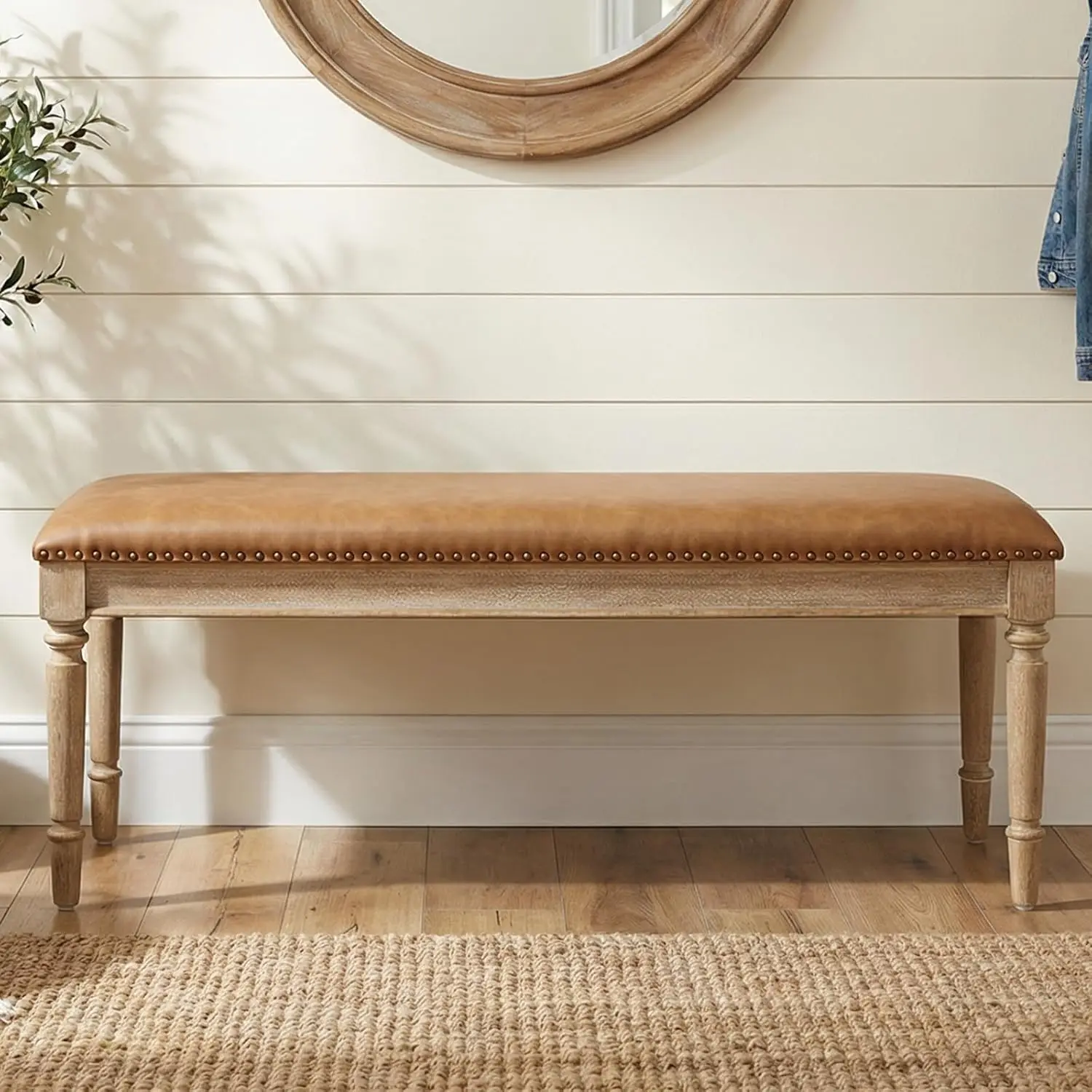 46" Rustic Wooden Dining Bench Padded Seat Nailhead Trim Kitchen Bedroom Hallway Brown Leather, Customized
46" Rustic Wooden Dining Bench Padded Seat Nailhead Trim Kitchen Bedroom Hallway Brown Leather, Customized