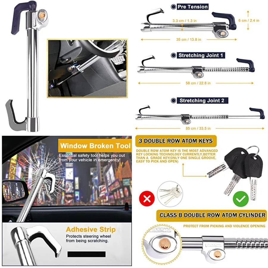 Universal Steering Wheel Brake Lock Anti-Theft Retractable Double Hook Car Clutch Pedal Lock for Car Truck SUV Van Security with 3 Keys
Universal Steering Wheel Brake Lock Anti-Theft Retractable Double Hook Car Clutch Pedal Lock for Car Truck SUV Van Security with 3 Keys