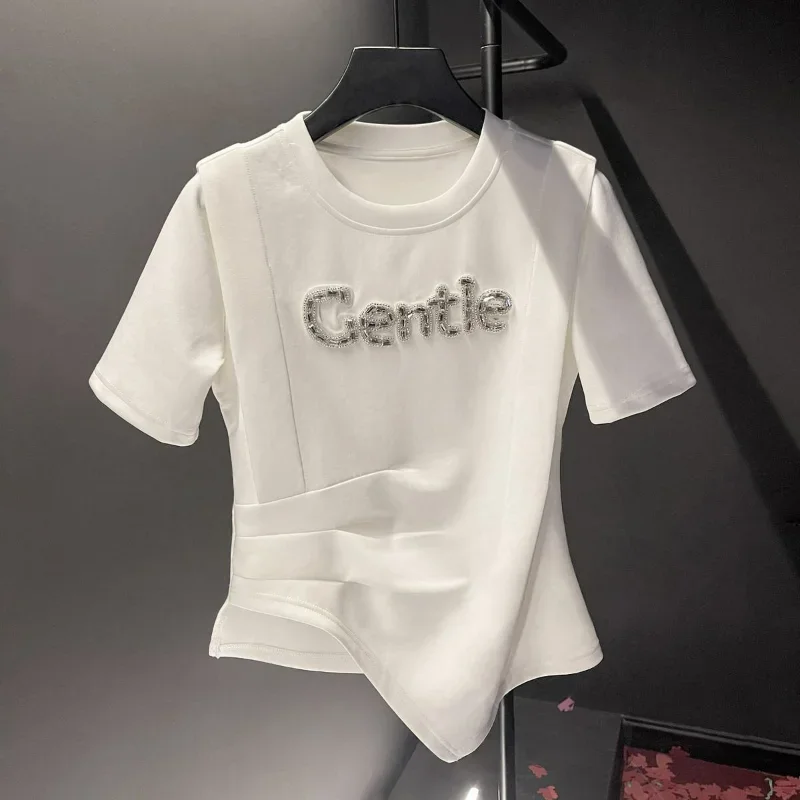 Y2k Clothes All-match Tops O Neck Solid Color Short Sleeve Tees Print Beading Diamonds Design Sense Irregular Women T-shirts
Y2k Clothes All-match Tops O Neck Solid Color Short Sleeve Tees Print Beading Diamonds Design Sense Irregular Women T-shirts