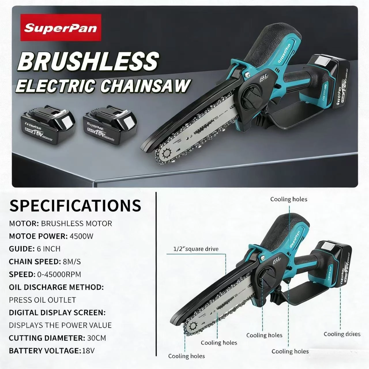 Электрическая цепная пила SuperPan, мини-пила, беспроводная, для наружных работ, всепогодная, для резки древесины в саду, совместима с аккумулятором Makita 18V.
Электрическая цепная пила SuperPan, мини-пила, беспроводная, для наружных работ, всепогодная, для резки древесины в саду, совместима с аккумулятором Makita 18V.