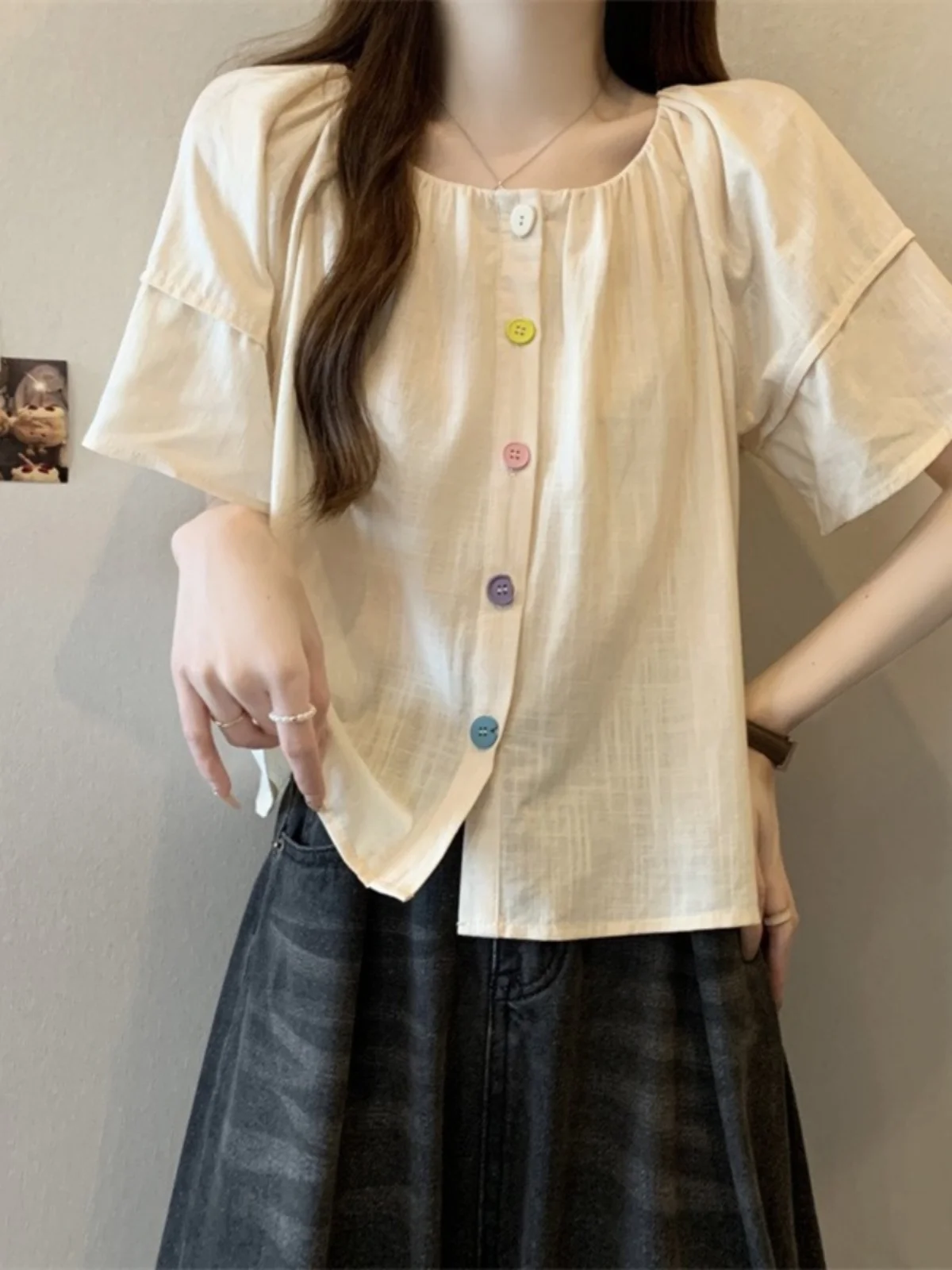 Button Bubble Sleeve Cotton Linen Short Sleeve Shirt Women Summer Large Size Loose Belly Covering Doll Little Shirt ...
Button Bubble Sleeve Cotton Linen Short Sleeve Shirt Women Summer Large Size Loose Belly Covering Doll Little Shirt ...
