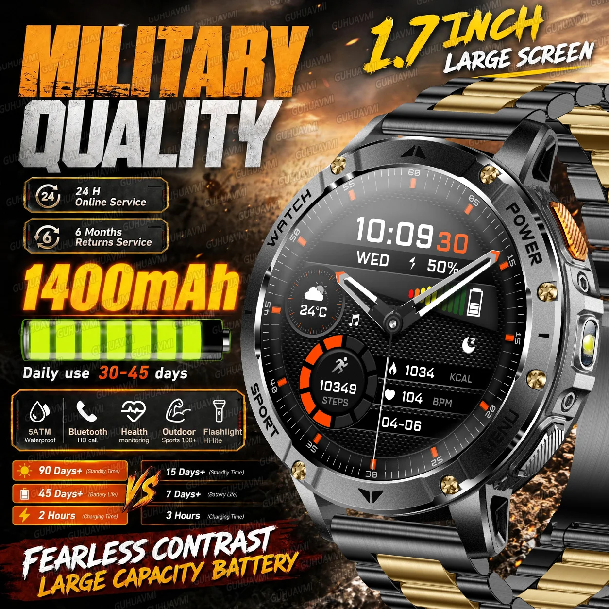 Military Grade Smartwatch 1.7" Large Screen 1400mAh Long Standby 5ATM Waterproof BT Call Outdoor Sports Health Watch For Adult
Military Grade Smartwatch 1.7" Large Screen 1400mAh Long Standby 5ATM Waterproof BT Call Outdoor Sports Health Watch For Adult