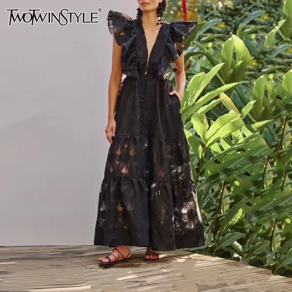 TWOTWINSTYLE Solid Loose Elegant Tunic Dresses for Women V Neck Sleeveless Patchwork Ruffles Fashion Dress Female Clothing New
TWOTWINSTYLE Solid Loose Elegant Tunic Dresses for Women V Neck Sleeveless Patchwork Ruffles Fashion Dress Female Clothing New