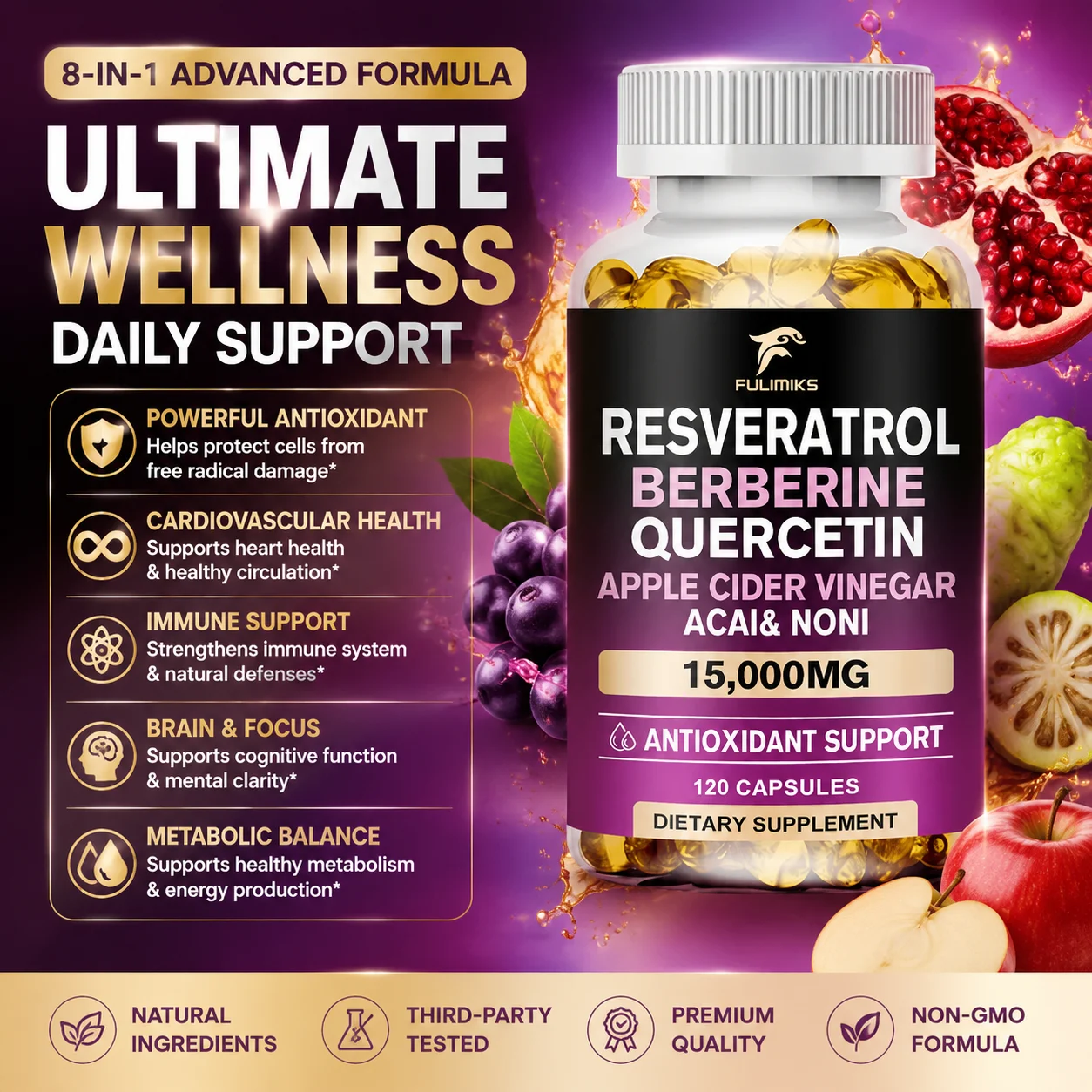 Resveratrol Capsules, with Berberine, Quercetin & Polyphenols, Supports Anti-Aging, Immunity, Antioxidant & Metabolic Health
Resveratrol Capsules, with Berberine, Quercetin & Polyphenols, Supports Anti-Aging, Immunity, Antioxidant & Metabolic Health
