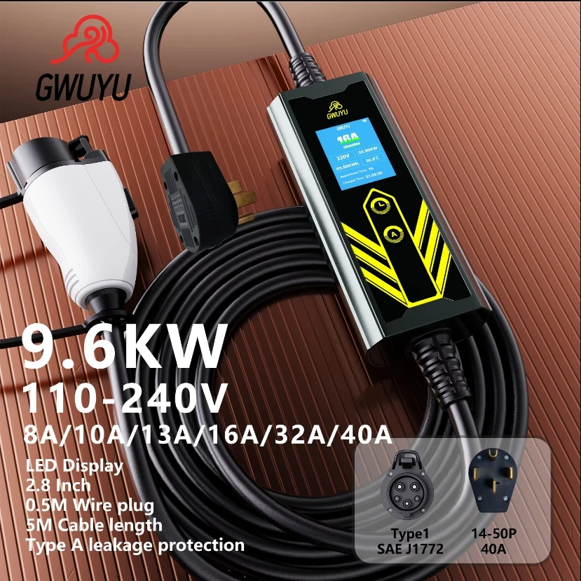Portable EV Charger Type 1 GWUYU M66-1 7.6KW 32A 9.6KW 40A 110-240V Adjustable Current for SAE-J1772 Electric Vehicle Charger
Portable EV Charger Type 1 GWUYU M66-1 7.6KW 32A 9.6KW 40A 110-240V Adjustable Current for SAE-J1772 Electric Vehicle Charger