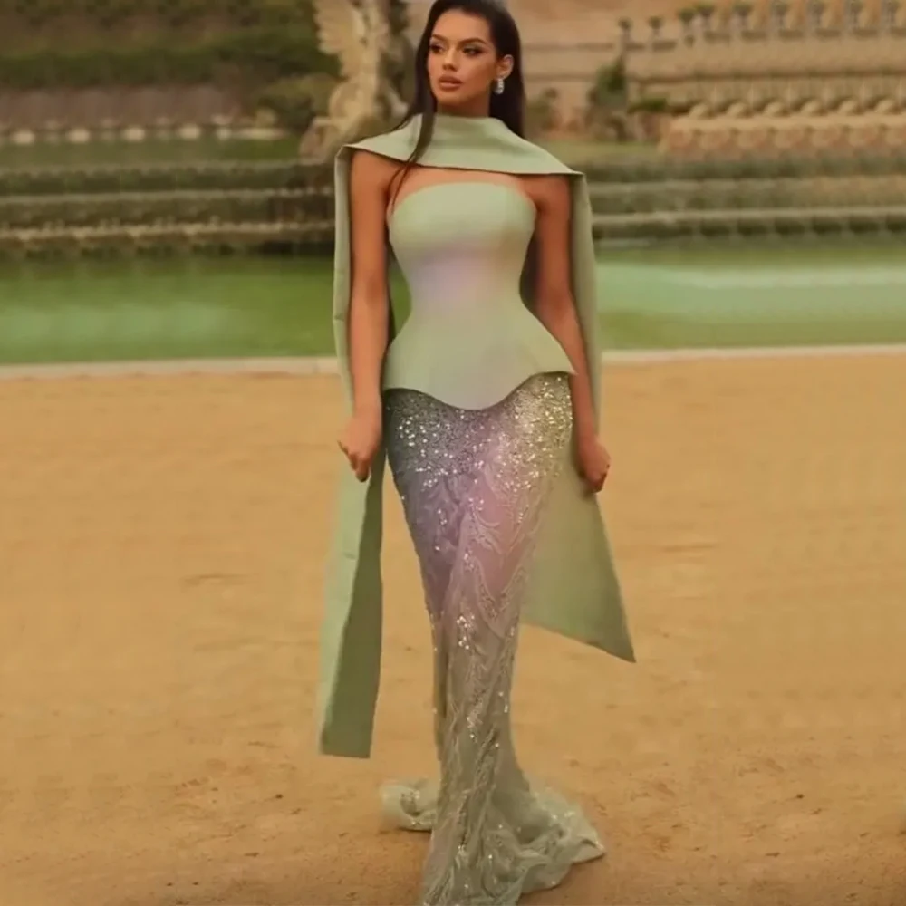 Fashion Mermaid Evening Dress Strapless Jersey and Tulle Lace with Scarf Customized Women Floor Length Bridesmaid Dresses 
Fashion Mermaid Evening Dress Strapless Jersey and Tulle Lace with Scarf Customized Women Floor Length Bridesmaid Dresses
