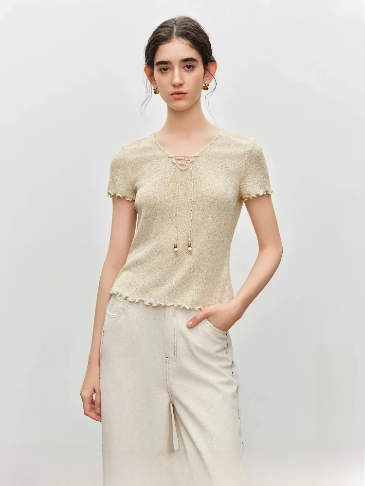 Slim Fit Knitted Short Sleeve V-Neck T-Shirt Women's Casual Top Beads Tie Design Summer Fashion Commute Style Pure Color
Slim Fit Knitted Short Sleeve V-Neck T-Shirt Women's Casual Top Beads Tie Design Summer Fashion Commute Style Pure Color