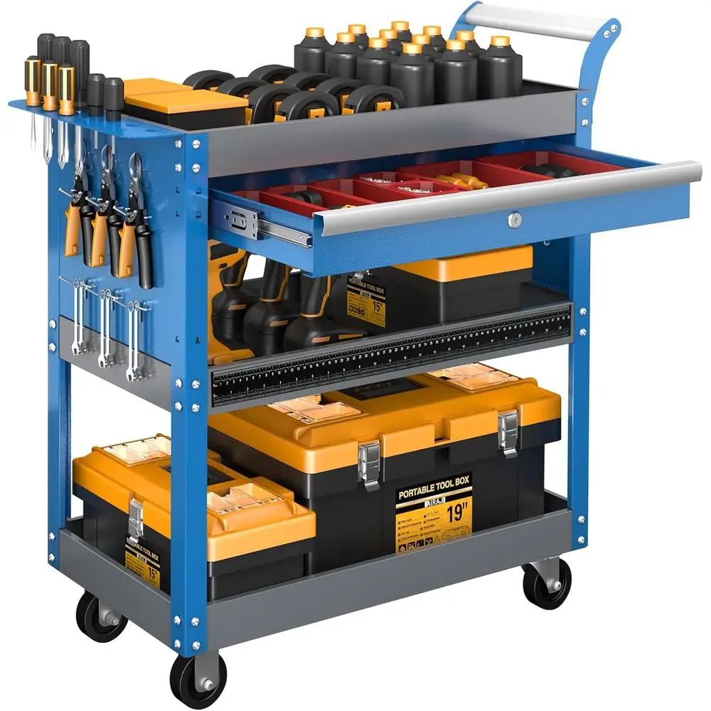 3 Tier Rolling Tool Cart, 440LBS Industrial Storage Cart with Lockable Drawers and Hooks for Garage, Workshop, Warehouse
3 Tier Rolling Tool Cart, 440LBS Industrial Storage Cart with Lockable Drawers and Hooks for Garage, Workshop, Warehouse