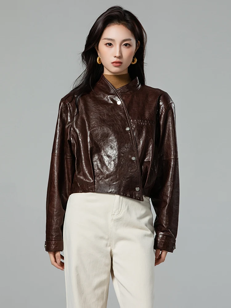 Genuine Leather Cropped Jackets for Women Spring Autumn High-end Simple Slanted Buckle Design Stand Collar Real Sheepskin Coat
Genuine Leather Cropped Jackets for Women Spring Autumn High-end Simple Slanted Buckle Design Stand Collar Real Sheepskin Coat