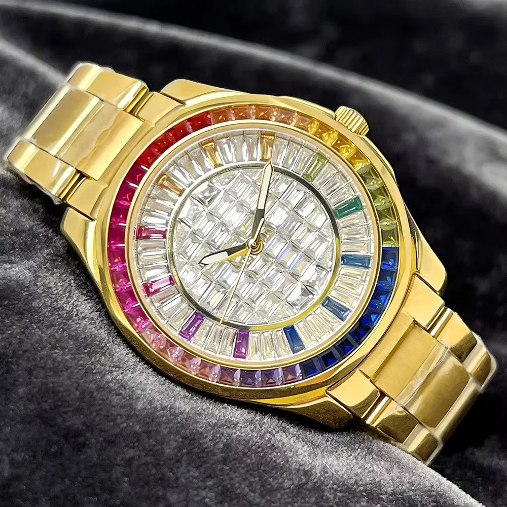 Gold hip-hop men's fashionable rainbow diamond water-resistant MIYOTA 8215 automatic movement mechanical watch
Gold hip-hop men's fashionable rainbow diamond water-resistant MIYOTA 8215 automatic movement mechanical watch