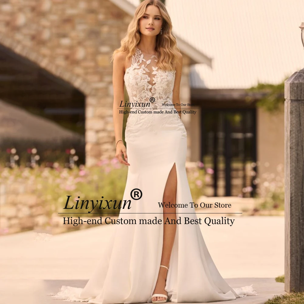 Elegant Applique Lace Wedding Dresses for Women Side Slit Mermaid Bridal Gowns Customized Open Back Sleeveless robe de mariée
Elegant Applique Lace Wedding Dresses for Women Side Slit Mermaid Bridal Gowns Customized Open Back Sleeveless robe de mariée