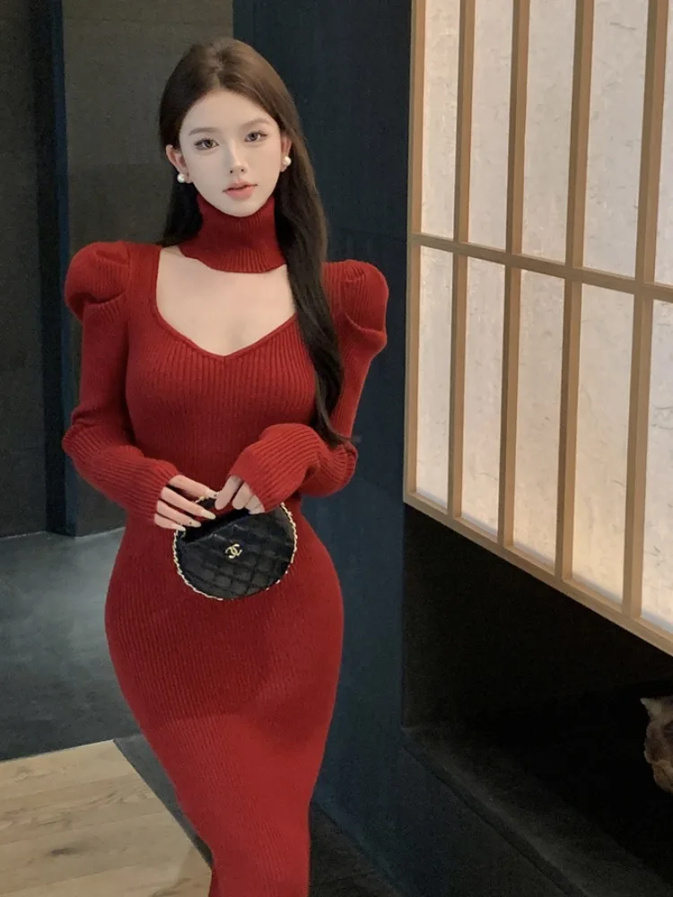 Retro Red Knitted Dress Women's Autumn Winter Hanging Neck V-Neck Bubble Sleeve Waist Cinched Bodycon Fish Tail Skirt Dress
Retro Red Knitted Dress Women's Autumn Winter Hanging Neck V-Neck Bubble Sleeve Waist Cinched Bodycon Fish Tail Skirt Dress