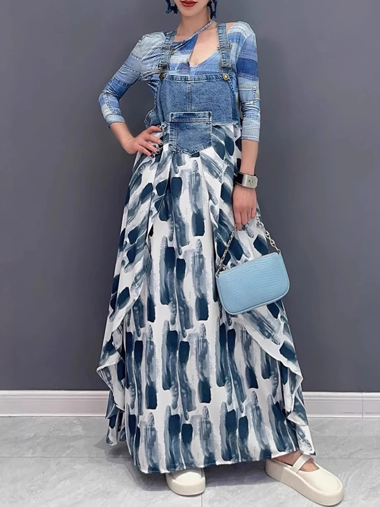 Fashion Denim Patchwork Strap Dresses Spring Women Printing Sleeveless Loose Dress Summer High Waist Cross Knee Camisole Dress 
Fashion Denim Patchwork Strap Dresses Spring Women Printing Sleeveless Loose Dress Summer High Waist Cross Knee Camisole Dress