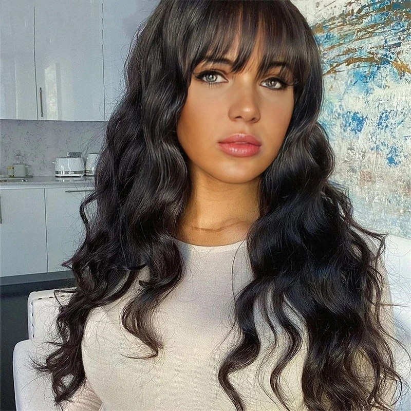 Women's curly with air bangs, voluminous waves, black long synthetic hair wig
Women's curly with air bangs, voluminous waves, black long synthetic hair wig