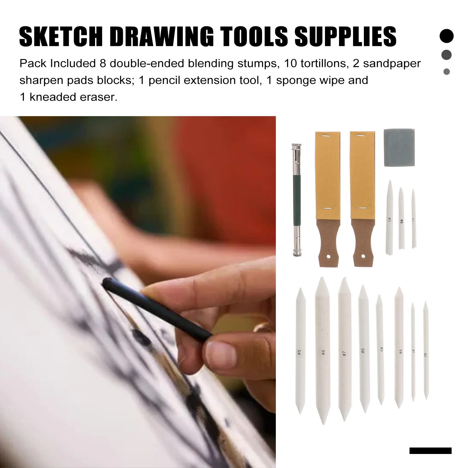 23 pcs Blending Stumps Tortillons Set 8 Double-Ended 10 Tips 2 Sandpaper Blocks Pencil Extension Sponge Kneaded Eraser For
23 pcs Blending Stumps Tortillons Set 8 Double-Ended 10 Tips 2 Sandpaper Blocks Pencil Extension Sponge Kneaded Eraser For