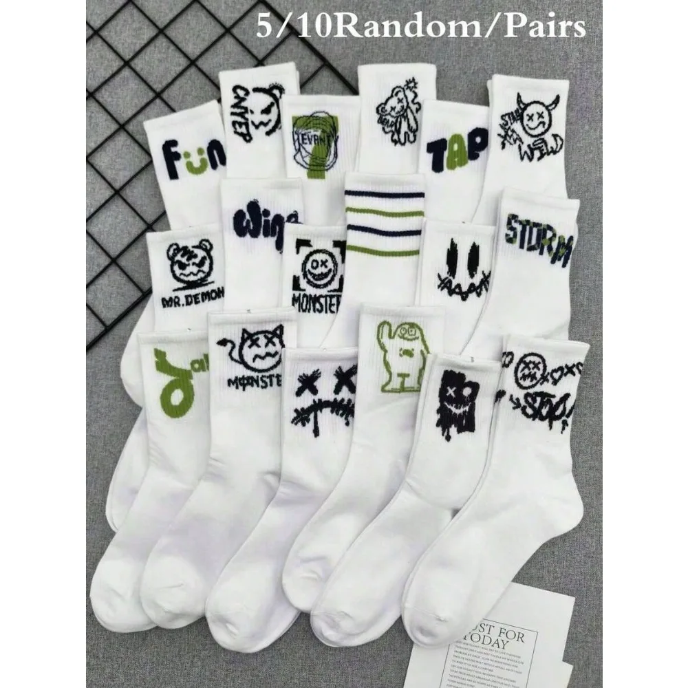 5pairs/Set Men's Random White Letter Striped Dino & Robot Print Skateboard Sport Mid-Calf Socks, Fall
5pairs/Set Men's Random White Letter Striped Dino & Robot Print Skateboard Sport Mid-Calf Socks, Fall