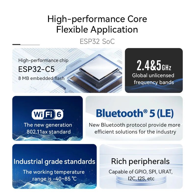 ESP32-C5 WiFi6 BLE5.0 2.4GHz&5GHz Dual Band 8M Flash 20dBm COJXU E101 Series AP STA Industrial-Grade BLE Wireless Module
ESP32-C5 WiFi6 BLE5.0 2.4GHz&5GHz Dual Band 8M Flash 20dBm COJXU E101 Series AP STA Industrial-Grade BLE Wireless Module