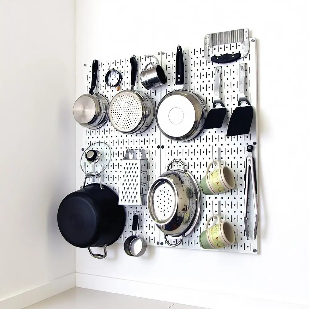 Kitchen Pegboard Organizer Pots and Pans Storage Rack Organization Kit with White Pegboard and White Accessories
Kitchen Pegboard Organizer Pots and Pans Storage Rack Organization Kit with White Pegboard and White Accessories