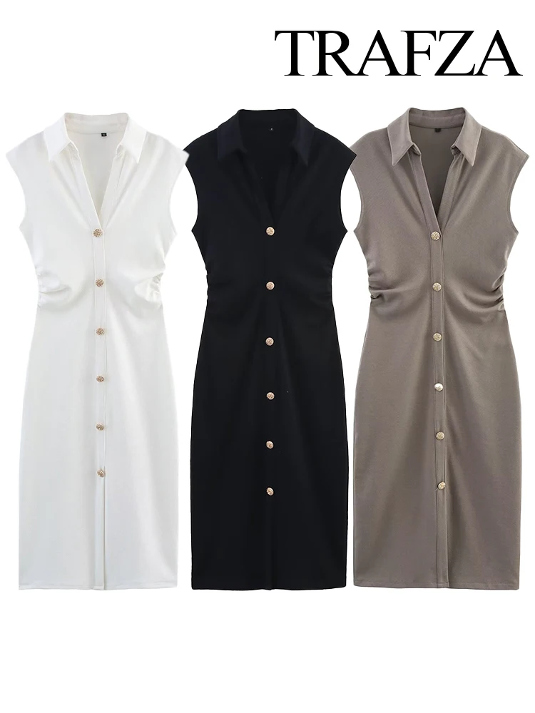 TRAFZA Women 2025 Summer New Versatile Pearl-Floor Shirt-Style Lapel Sleeveless Knitted Dress Female Elegant Stretch-Slim Dress
TRAFZA Women 2025 Summer New Versatile Pearl-Floor Shirt-Style Lapel Sleeveless Knitted Dress Female Elegant Stretch-Slim Dress