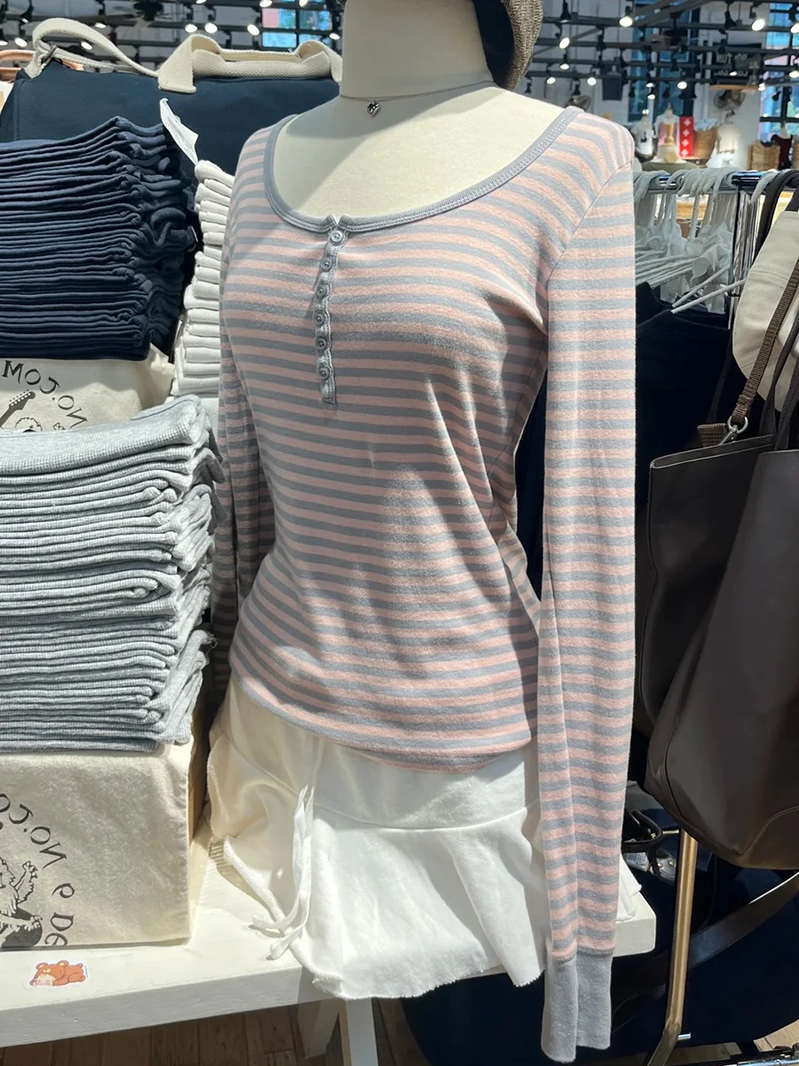 Sweet Pink Gray Striped Long Sleeve Tees Women Autumn Cute Cotton Buttons Slim T Shirt Tops Shoujo Clothes Simple Basic T-shirts
Sweet Pink Gray Striped Long Sleeve Tees Women Autumn Cute Cotton Buttons Slim T Shirt Tops Shoujo Clothes Simple Basic T-shirts